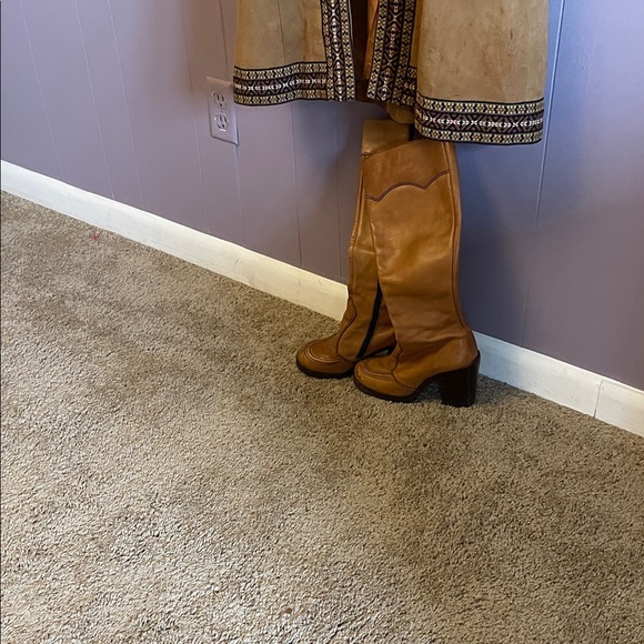 Talbots Tan Suede Embroidered Trim Long Coat - Picture 3 of 6